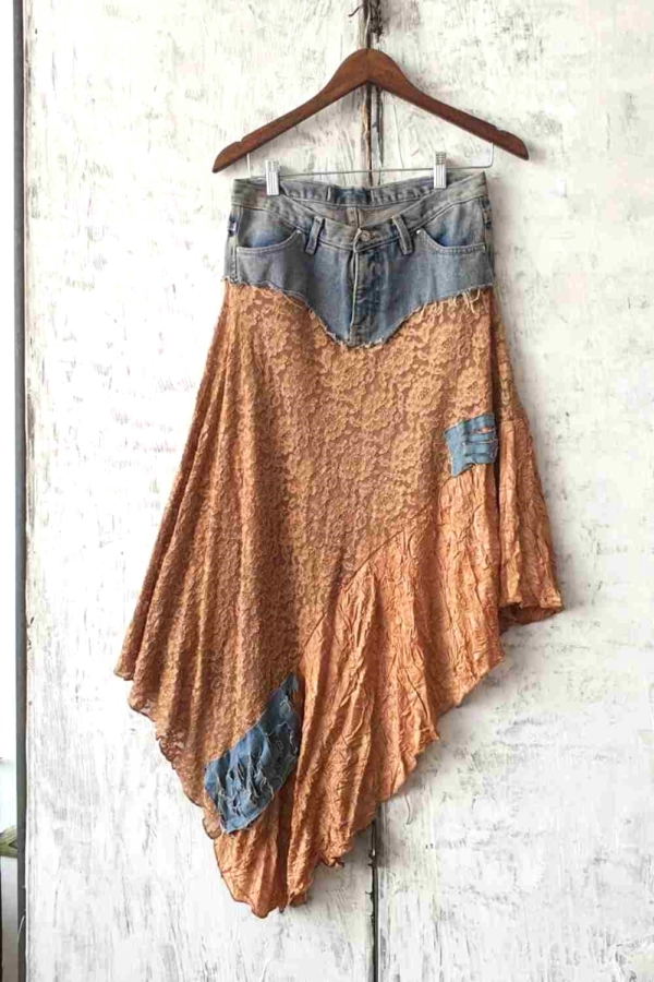 saia boho jeans & renda assimétrica