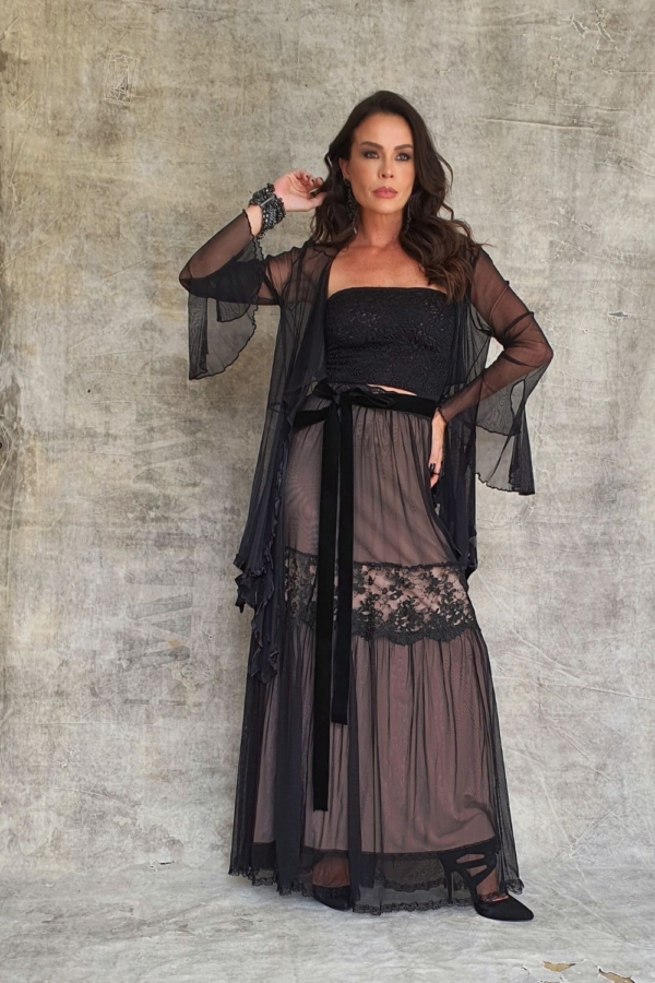 conjunto saia longa 3 peças