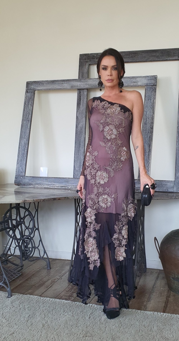 Vestido de festa bordado uma manga só - Image 3