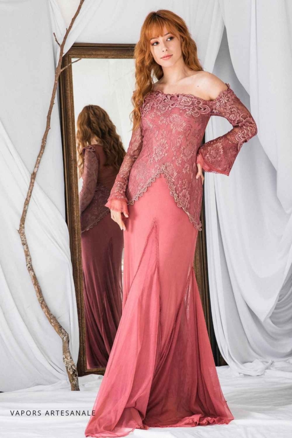 vestido longo de festa bordado manga sino - Imagem 2
