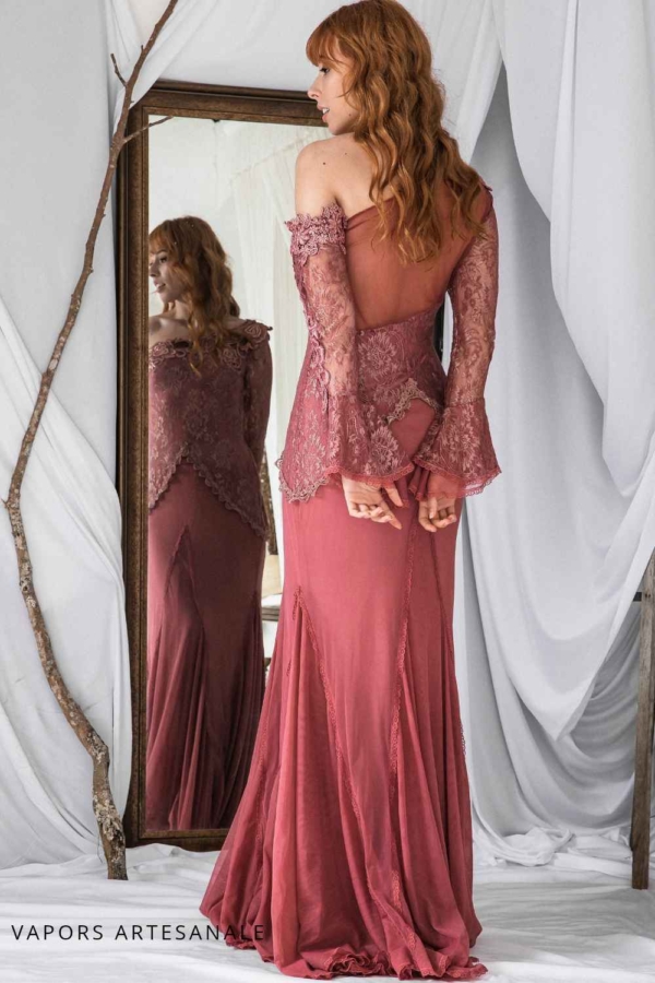 vestido longo de festa bordado manga sino - Imagem 3