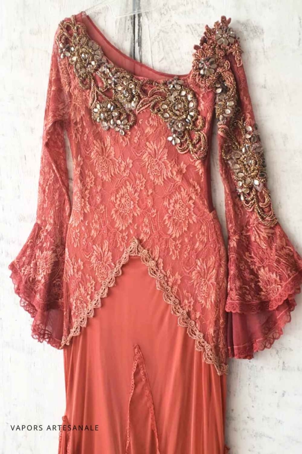 vestido longo de festa bordado manga sino - Imagem 7