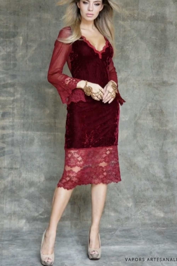 vestido midi veludo e renda - Image 3