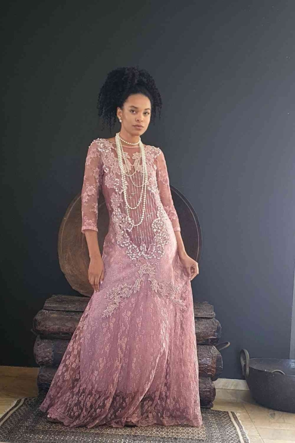 vestido de festa longo renda pérolas