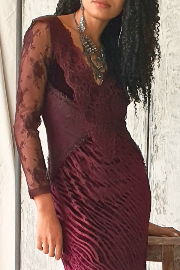 vestido longo decote V devoré manga renda - Imagem 5