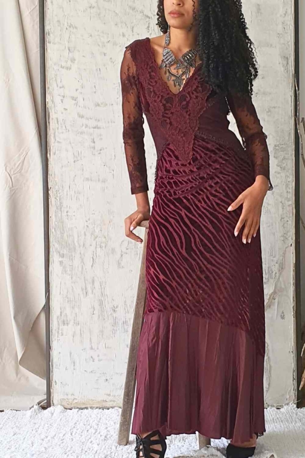 vestido longo decote V devoré manga renda - Imagem 4