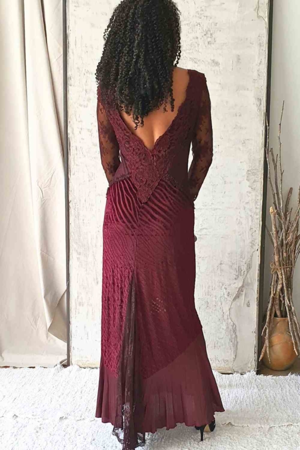 vestido longo decote V devoré manga renda - Imagem 3
