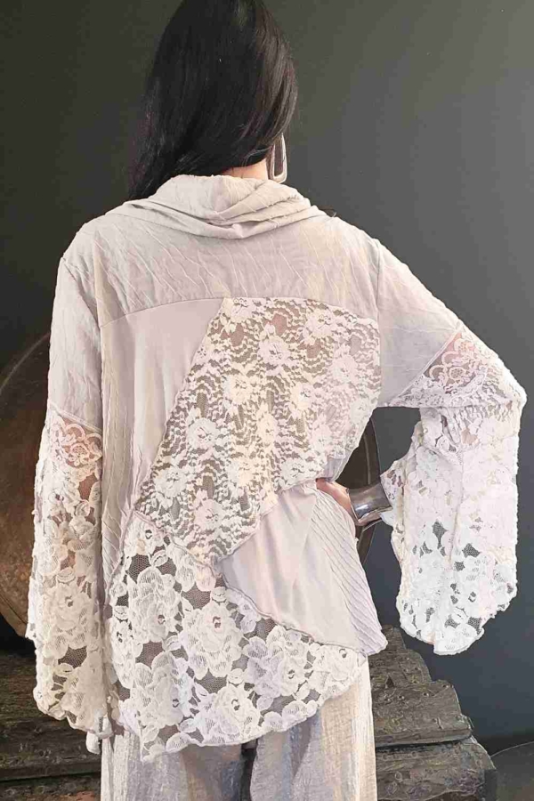 blusa renda algodão manga ampla gola boba - Imagem 5