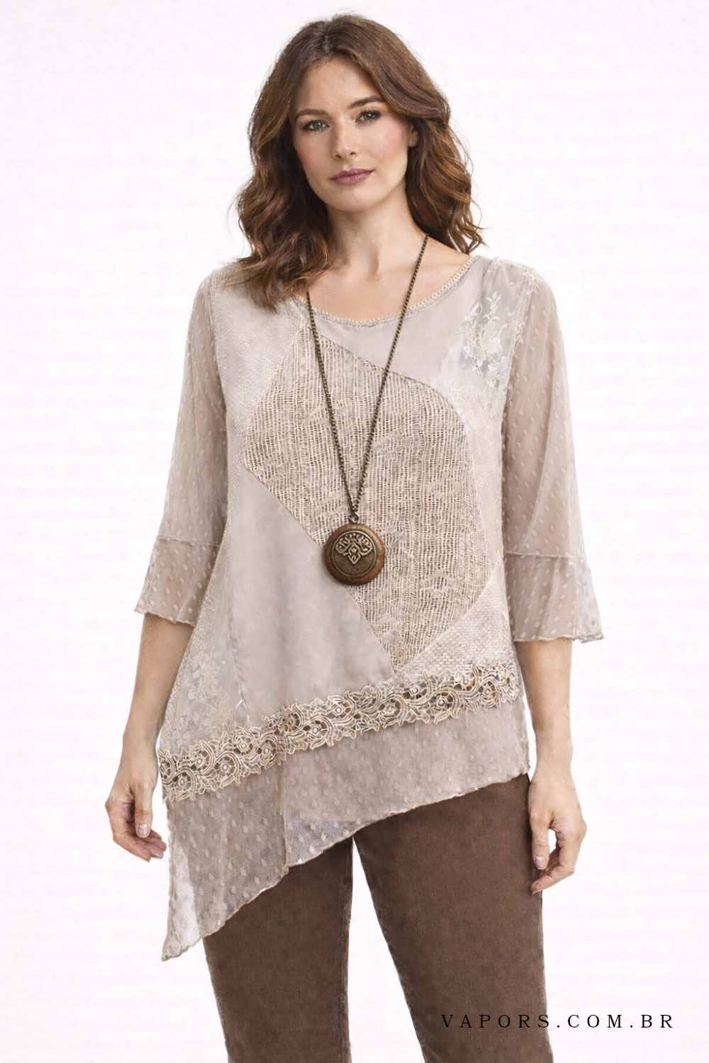 blusa mix tecidos barra e mangas tule poá