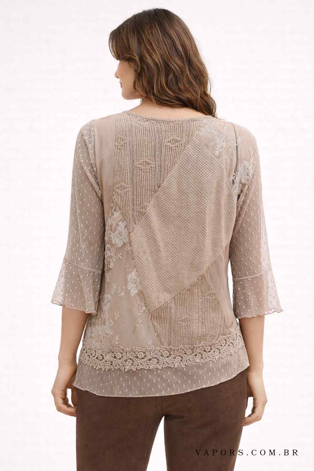 blusa mix tecidos barra e mangas tule poá - Imagem 3