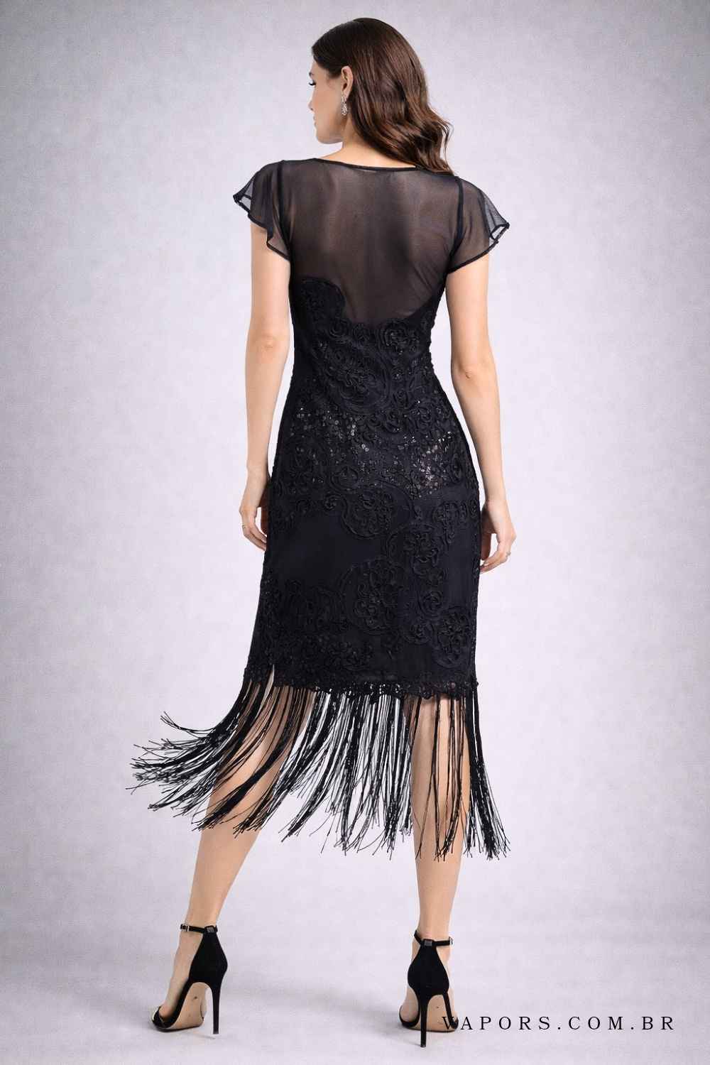 vestido midi tule trabalhado franjas - Imagem 2