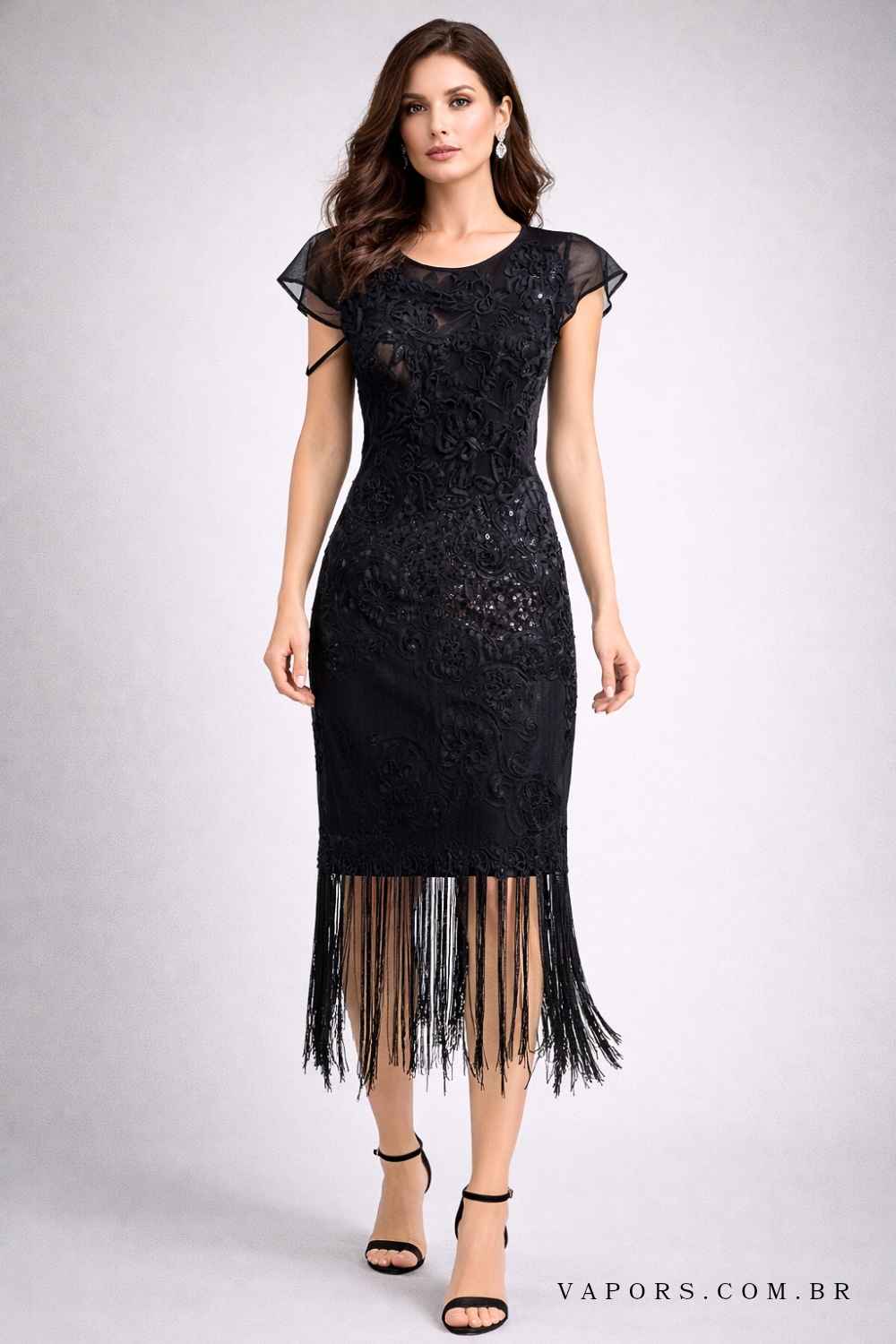 vestido midi tule trabalhado franjas - Imagem 5
