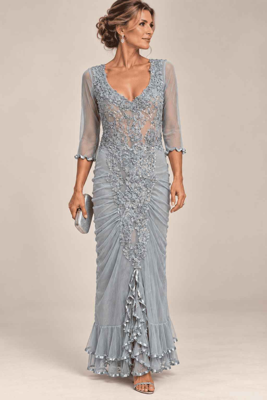 vestido longo corpo drapeado azul bebe