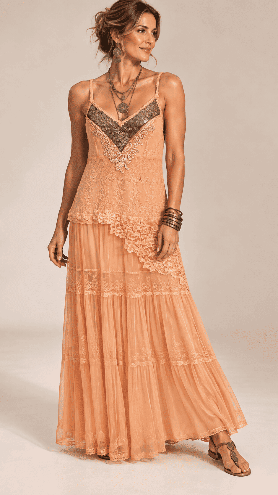 vestido longo boho alcinha medalha ouro velho decote